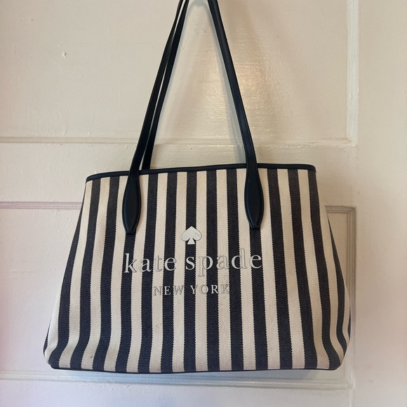 Kate Spade Navy and Cream Striped Tote shoulder bag purse canvas - Picture 1 of 8